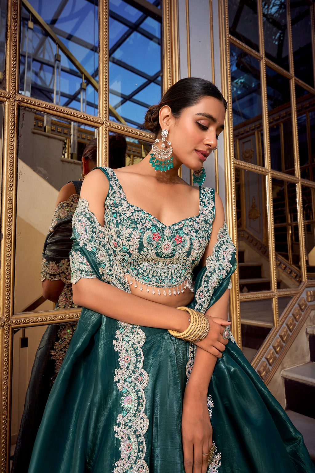 Lorenvalley Teal Gold Crush Fabric Plain Lehenga with Sequins and Thread Embroidery with Jarkan Diamond Work Choli and Dupatta