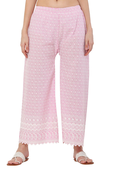 PAVONINE Pink Color Full Thread Chikankari Cotton Fabric Palazzo For Women