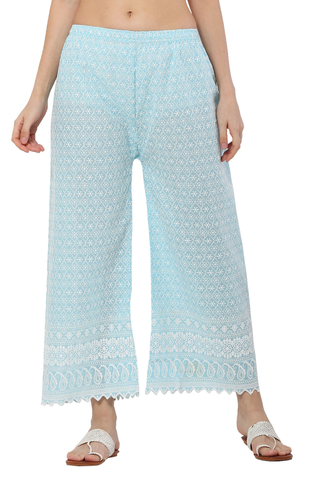 PAVONINE Rama Green Color Full Thread Chikankari Cotton Fabric Palazzo For Women - Distacart