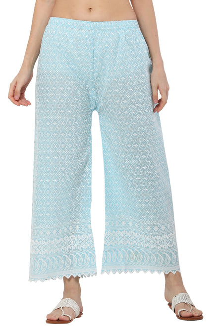 PAVONINE Rama Green Color Full Thread Chikankari Cotton Fabric Palazzo For Women