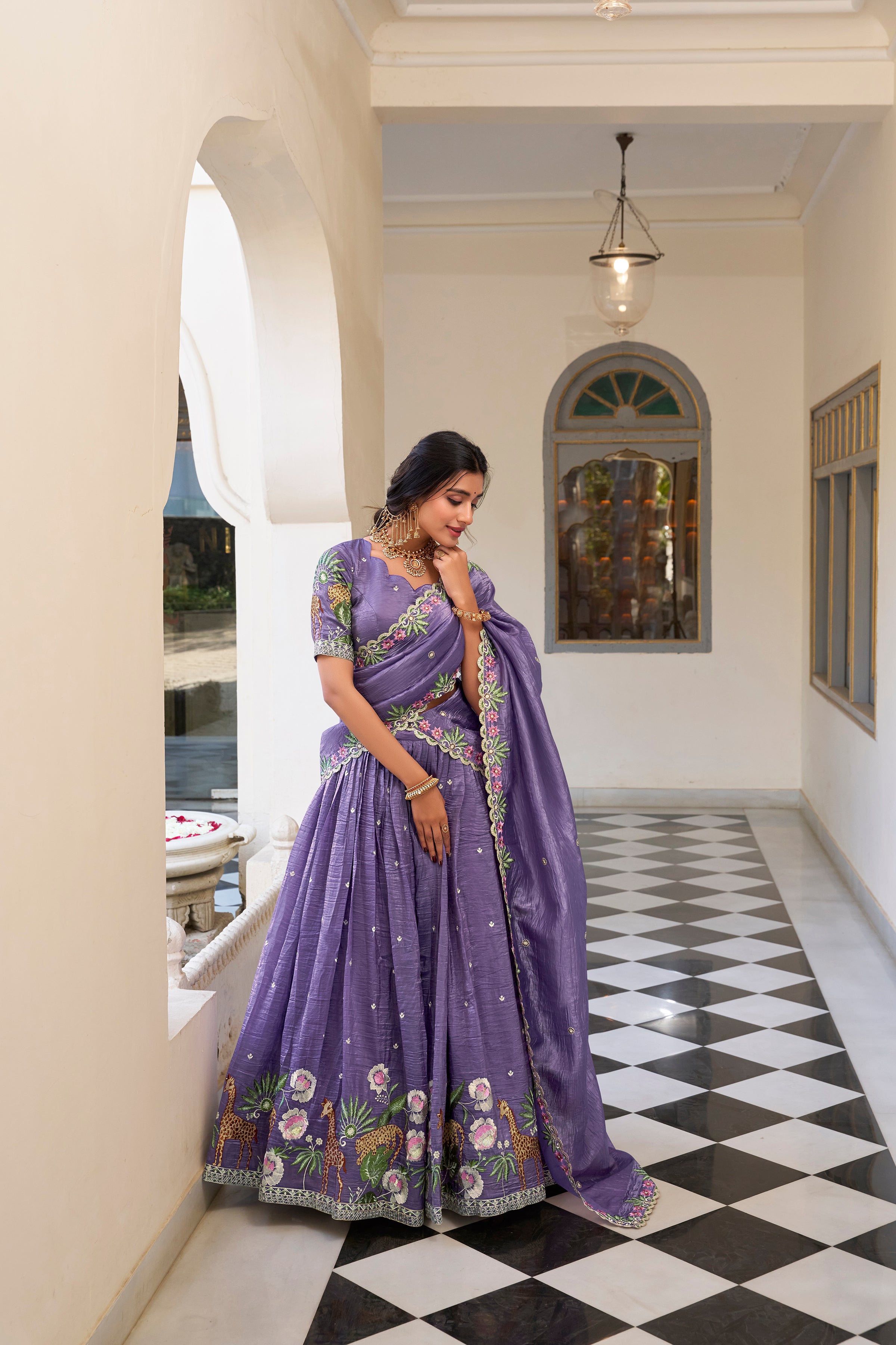 Lorenvalley Lavender Gold Crush Fabric with Sequins and Thread Embroidery Work Lehenga Choli