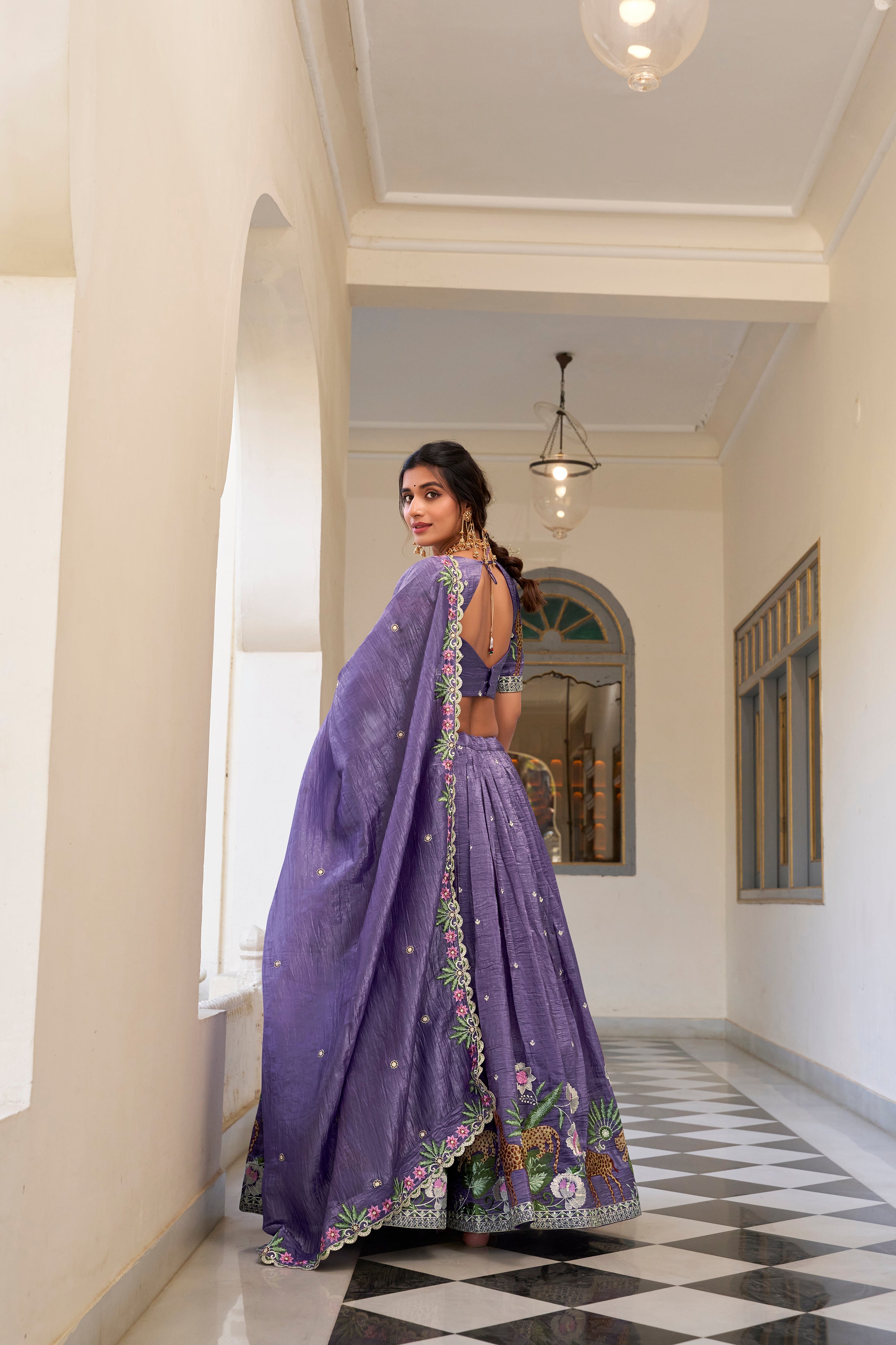 Lorenvalley Lavender Gold Crush Fabric with Sequins and Thread Embroidery Work Lehenga Choli