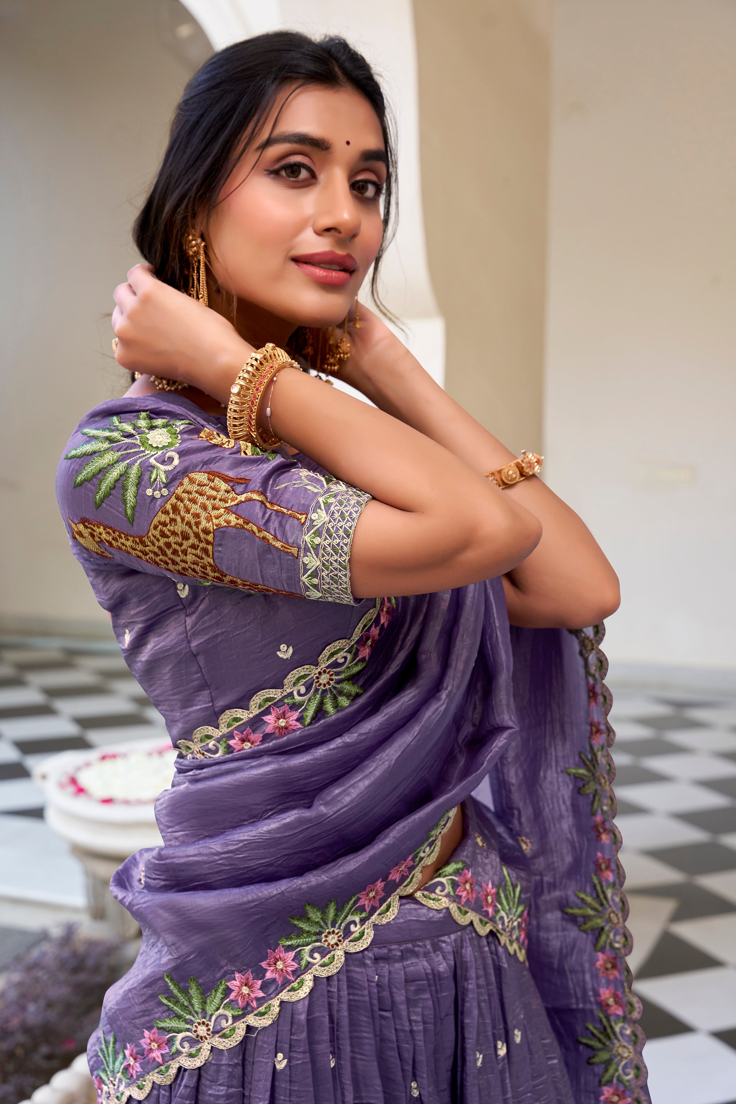 Lorenvalley Lavender Gold Crush Fabric with Sequins and Thread Embroidery Work Lehenga Choli