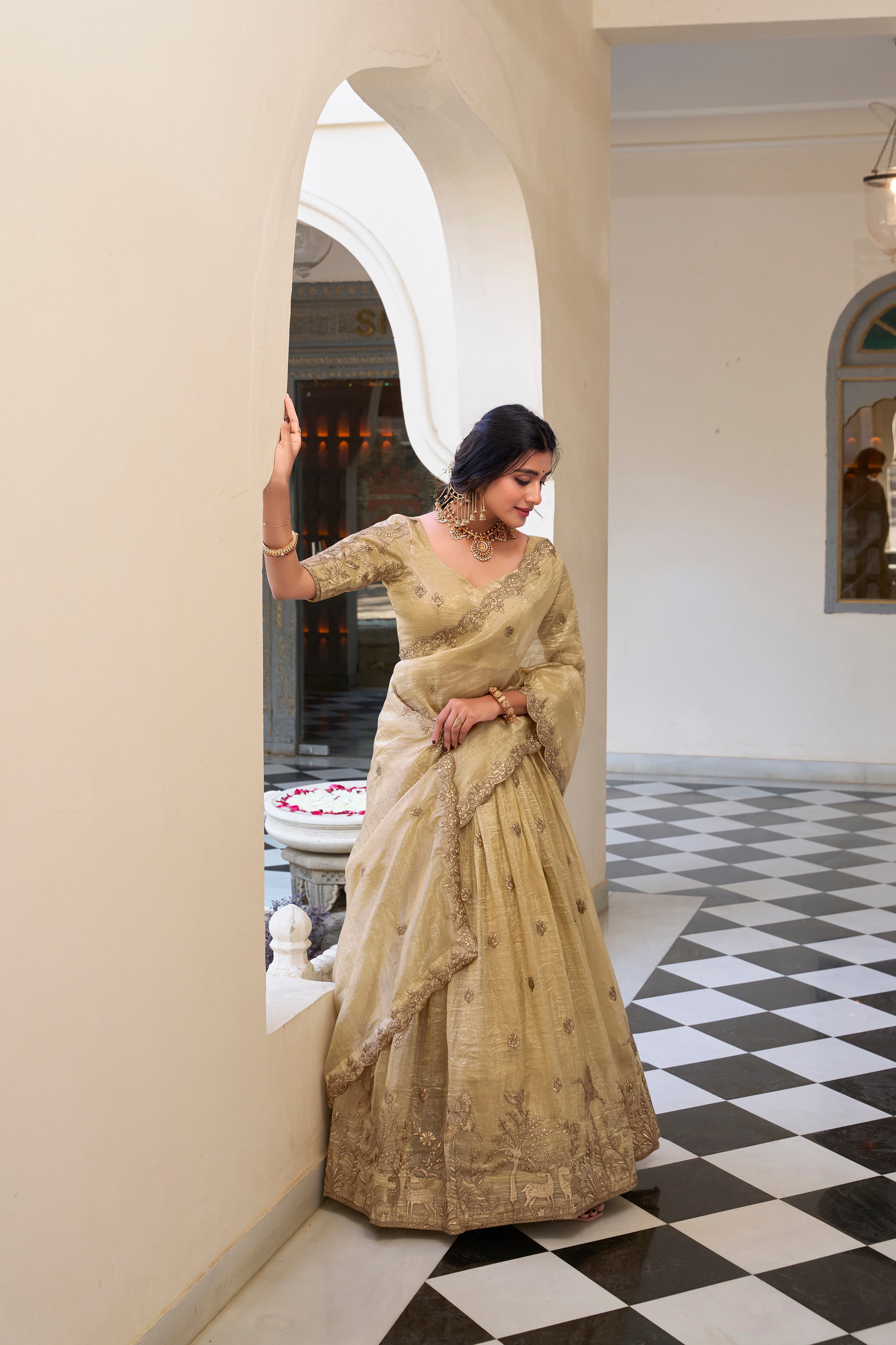 Lorenvalley Cream Gold Crush Fabric with Sequins and Thread Embroidery Work Lehenga Choli