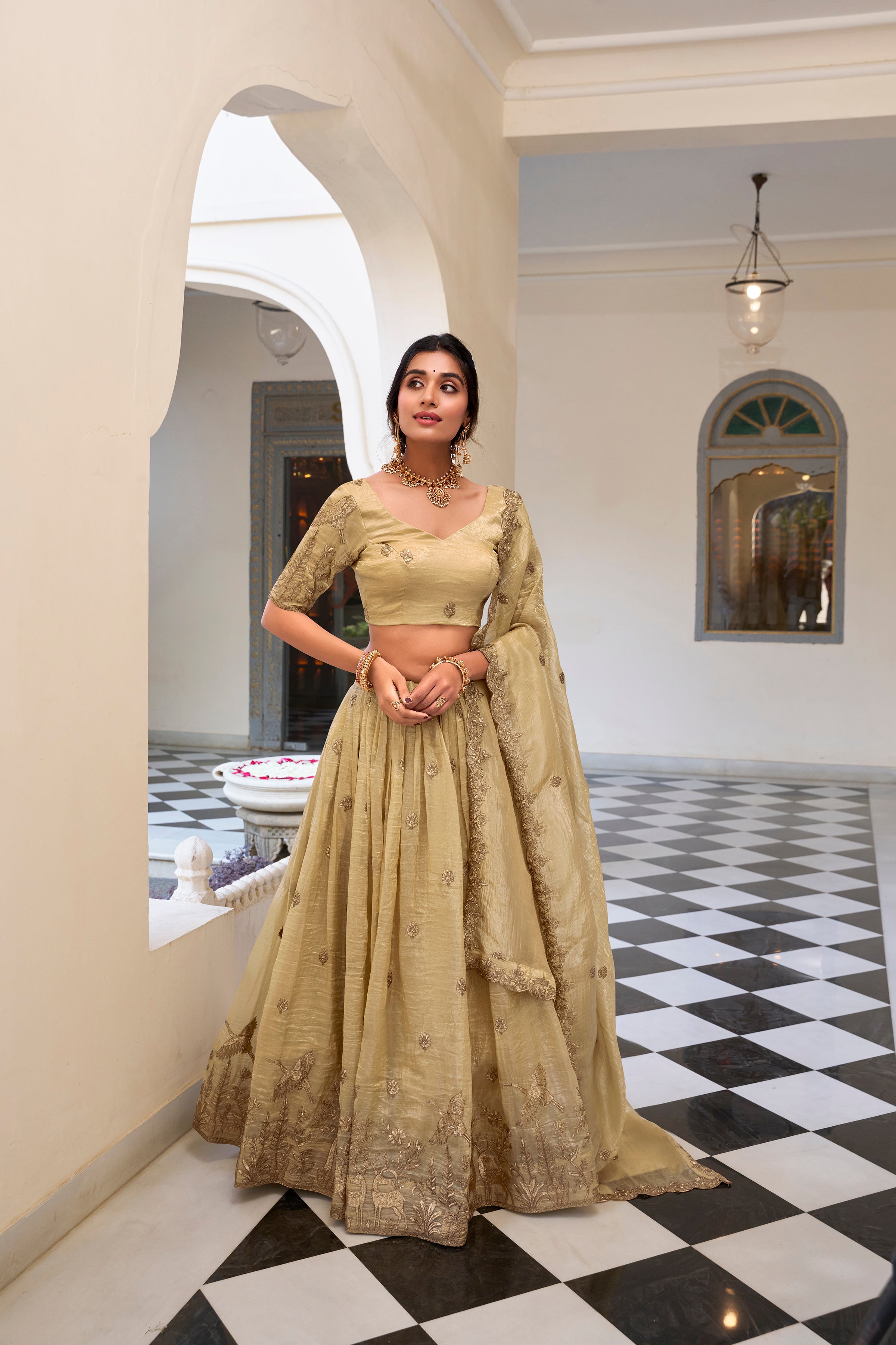 Lorenvalley Cream Gold Crush Fabric with Sequins and Thread Embroidery Work Lehenga Choli