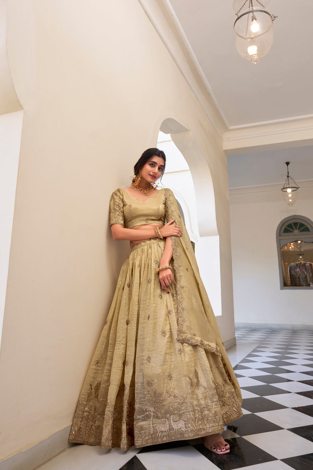 Lorenvalley Cream Gold Crush Fabric with Sequins and Thread Embroidery Work Lehenga Choli
