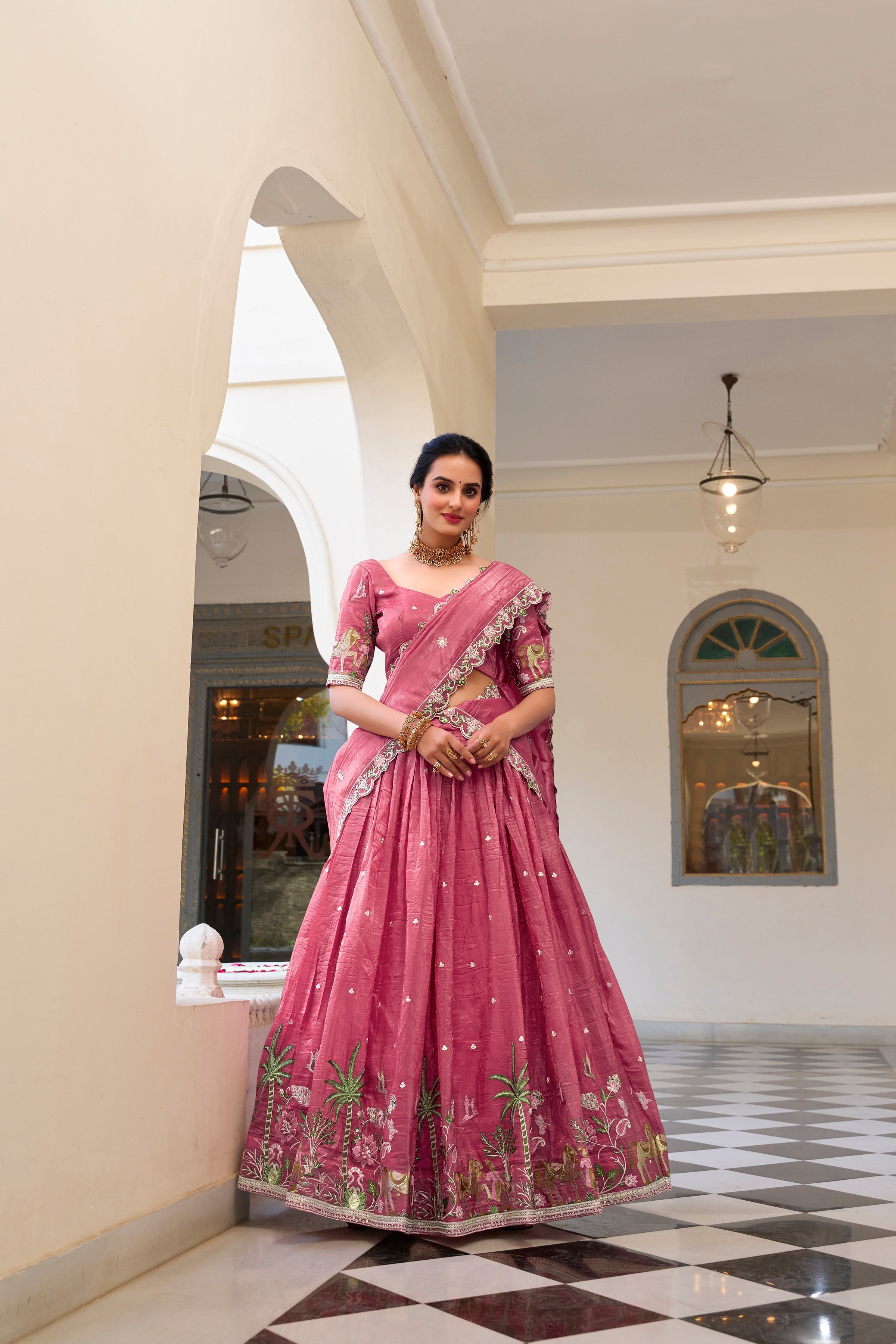Lorenvalley Pink Gold Crush Fabric with Sequins and Thread Embroidery Work Lehenga Choli