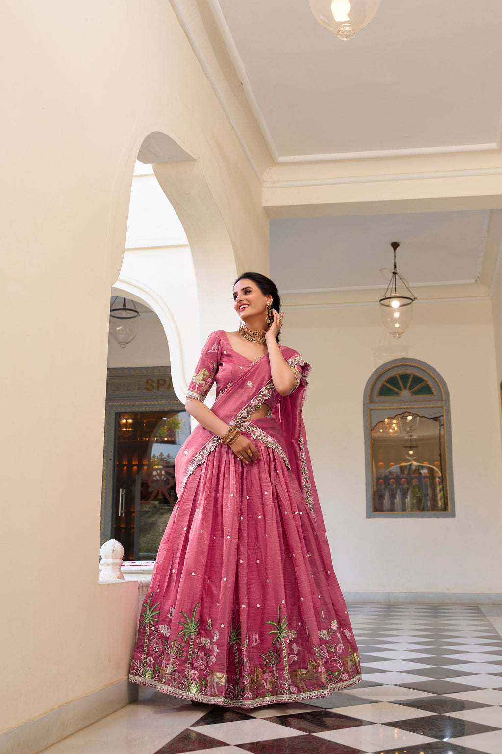 Lorenvalley Pink Gold Crush Fabric with Sequins and Thread Embroidery Work Lehenga Choli