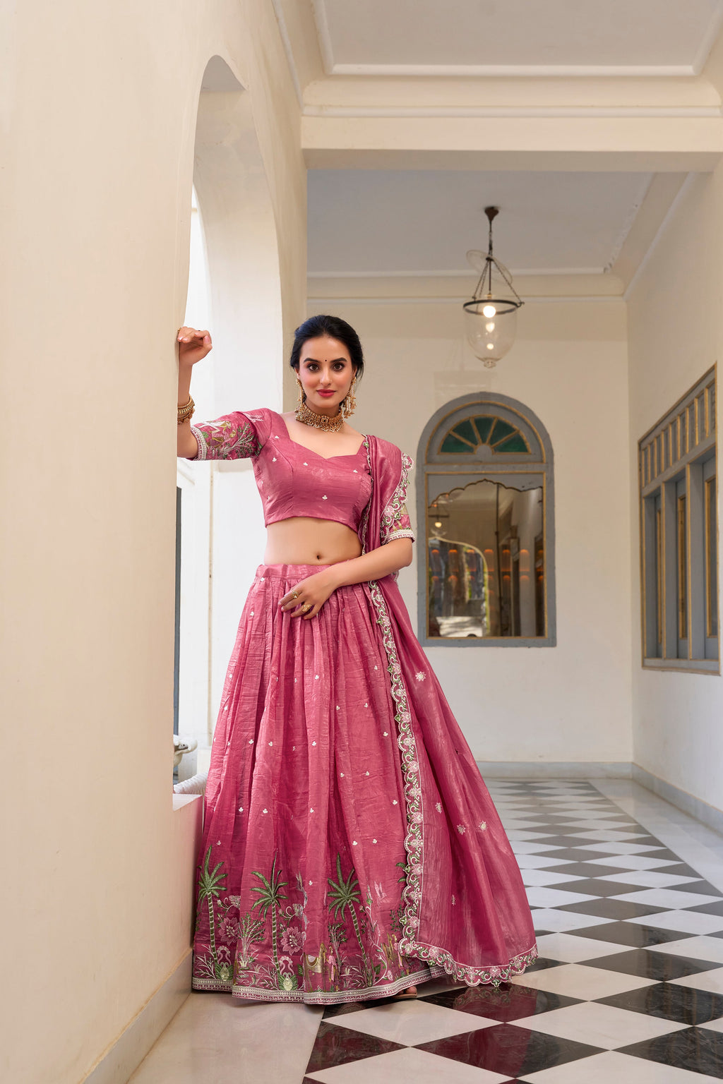 Lorenvalley Pink Gold Crush Fabric with Sequins and Thread Embroidery Work Lehenga Choli