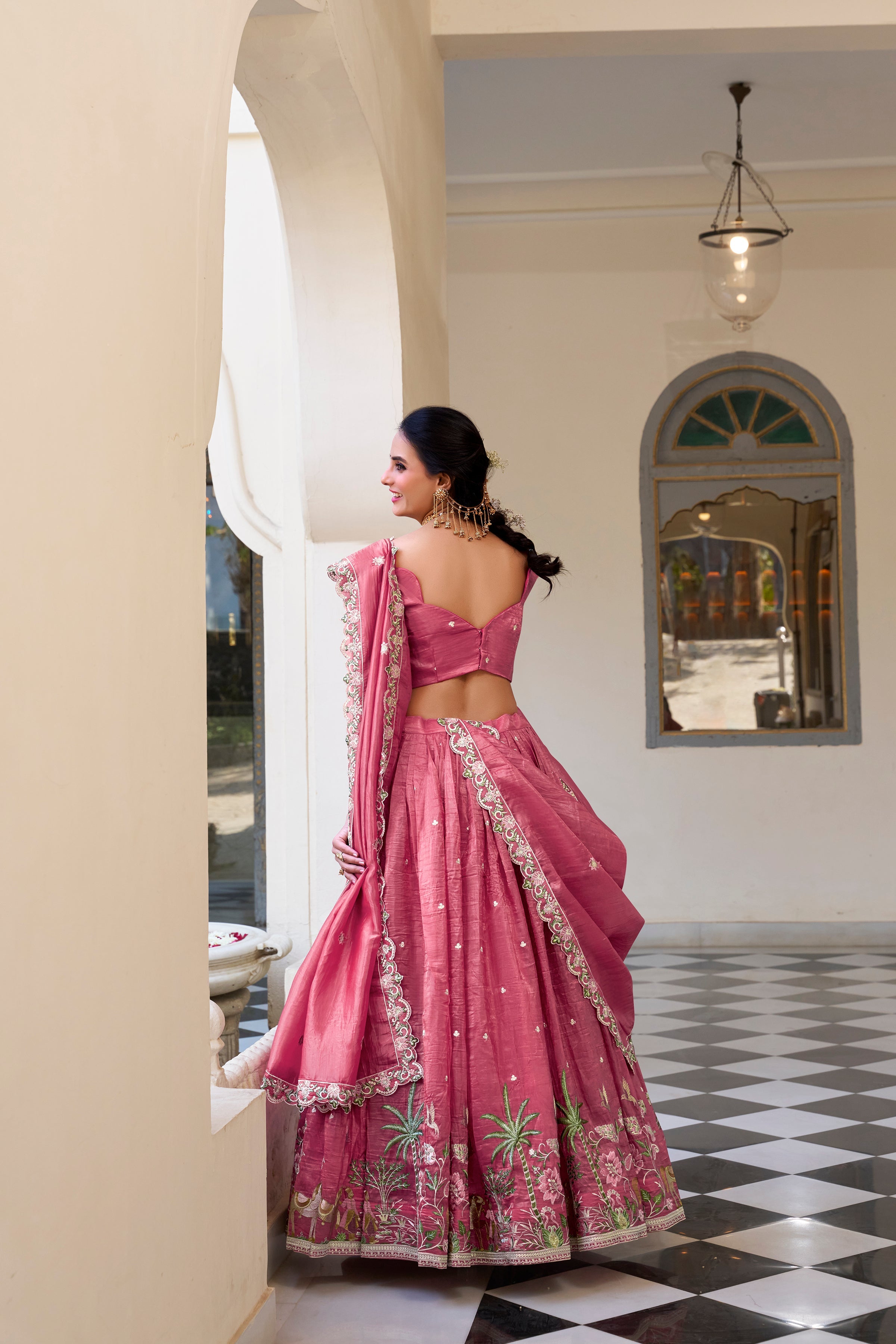Lorenvalley Pink Gold Crush Fabric with Sequins and Thread Embroidery Work Lehenga Choli