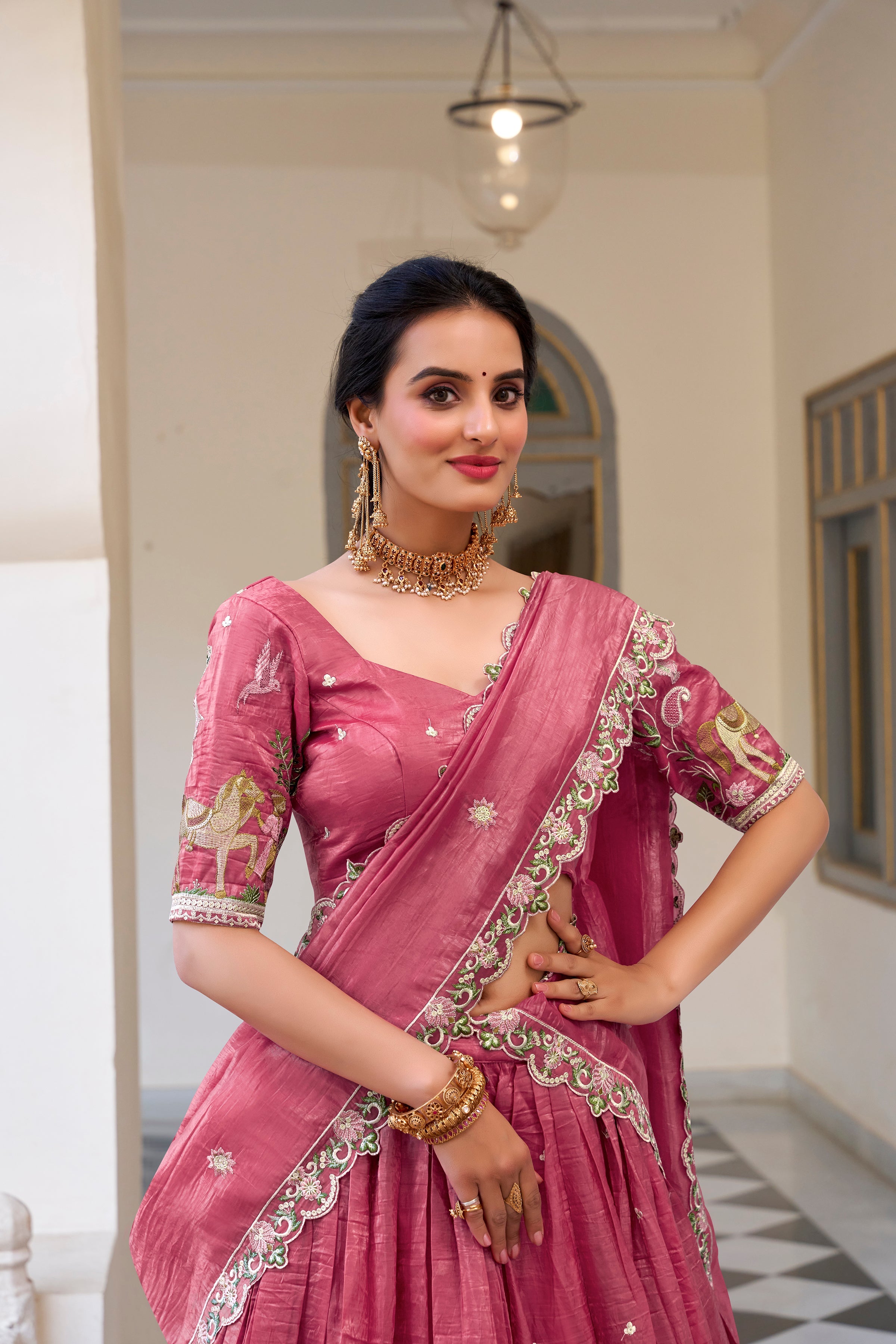 Lorenvalley Pink Gold Crush Fabric with Sequins and Thread Embroidery Work Lehenga Choli