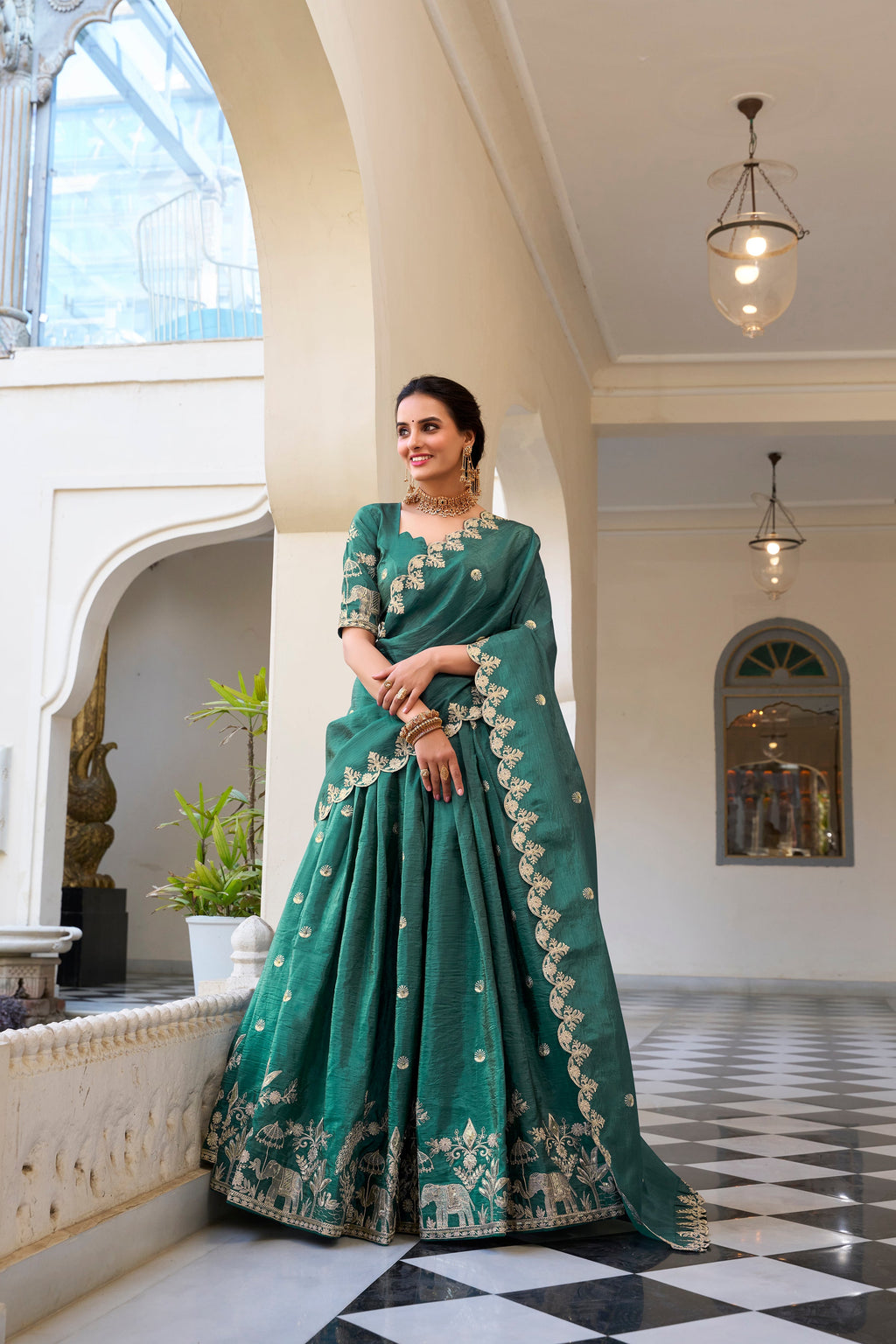 Lorenvalley Teal Gold Crush Fabric with Sequins and Thread Embroidery Work Lehenga Choli