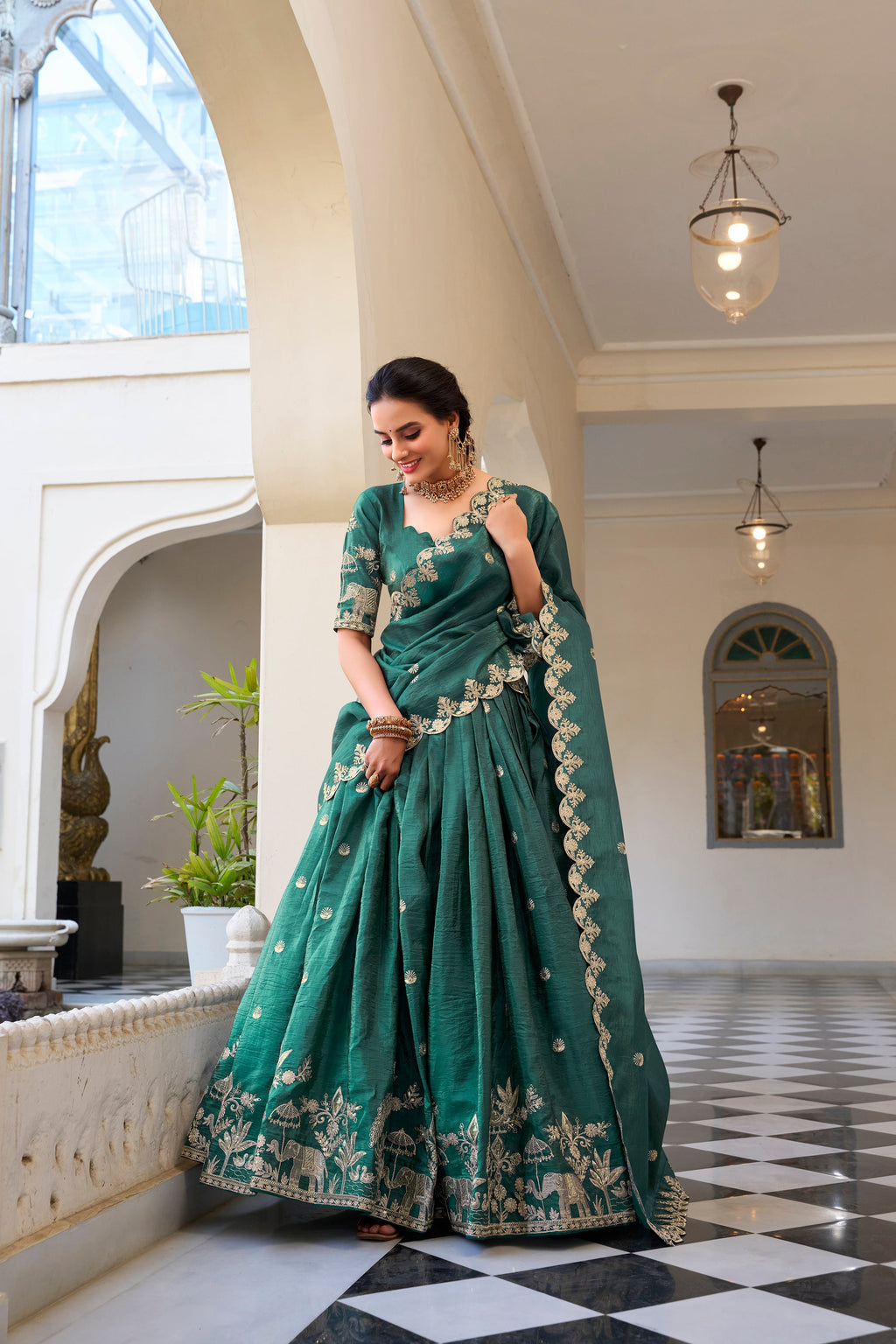 Lorenvalley Teal Gold Crush Fabric with Sequins and Thread Embroidery Work Lehenga Choli