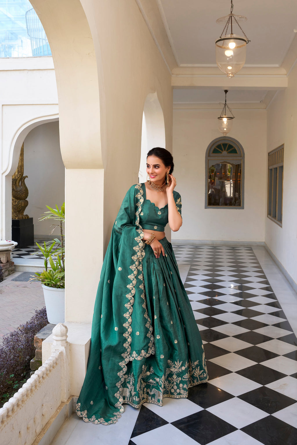 Lorenvalley Teal Gold Crush Fabric with Sequins and Thread Embroidery Work Lehenga Choli