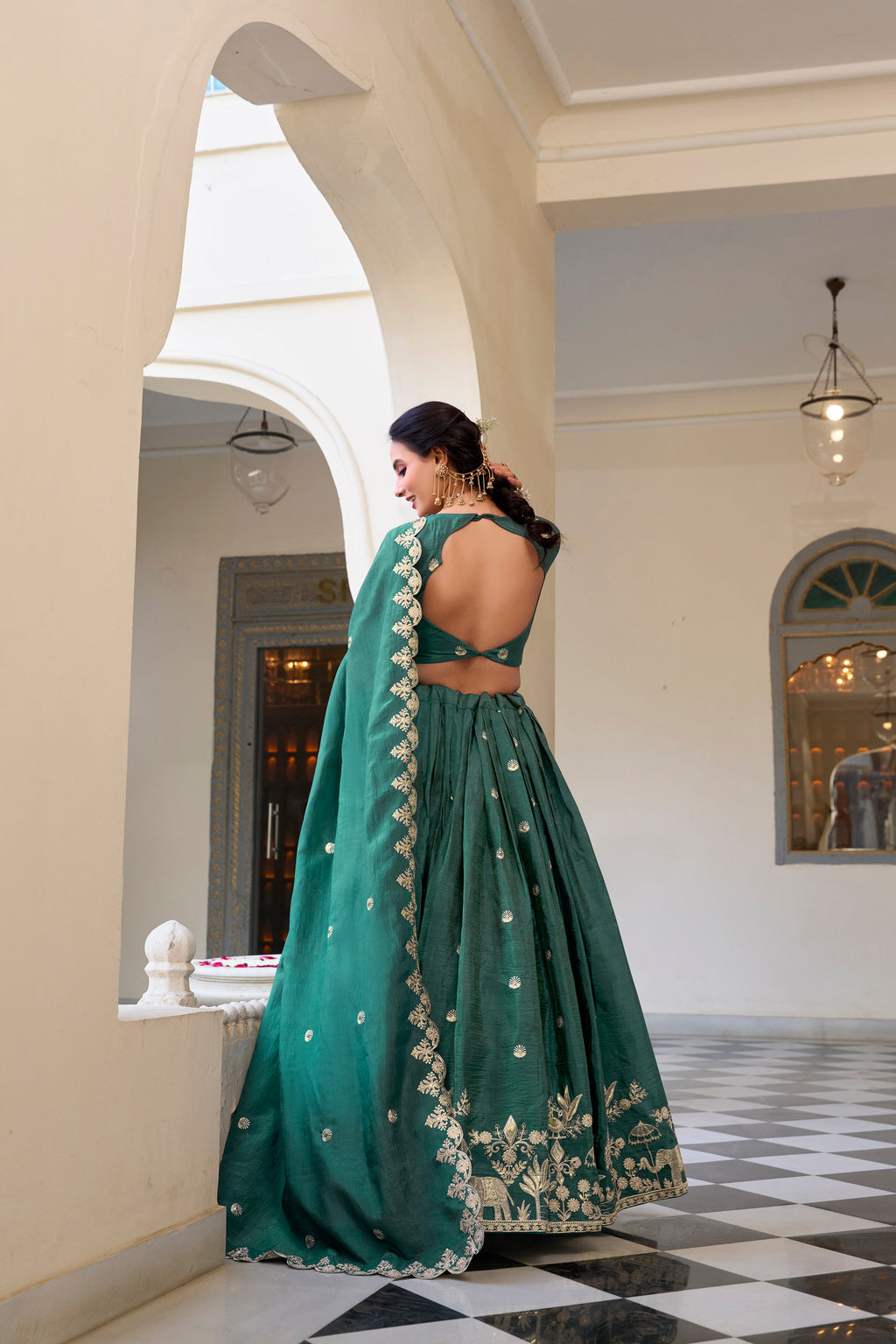 Lorenvalley Teal Gold Crush Fabric with Sequins and Thread Embroidery Work Lehenga Choli