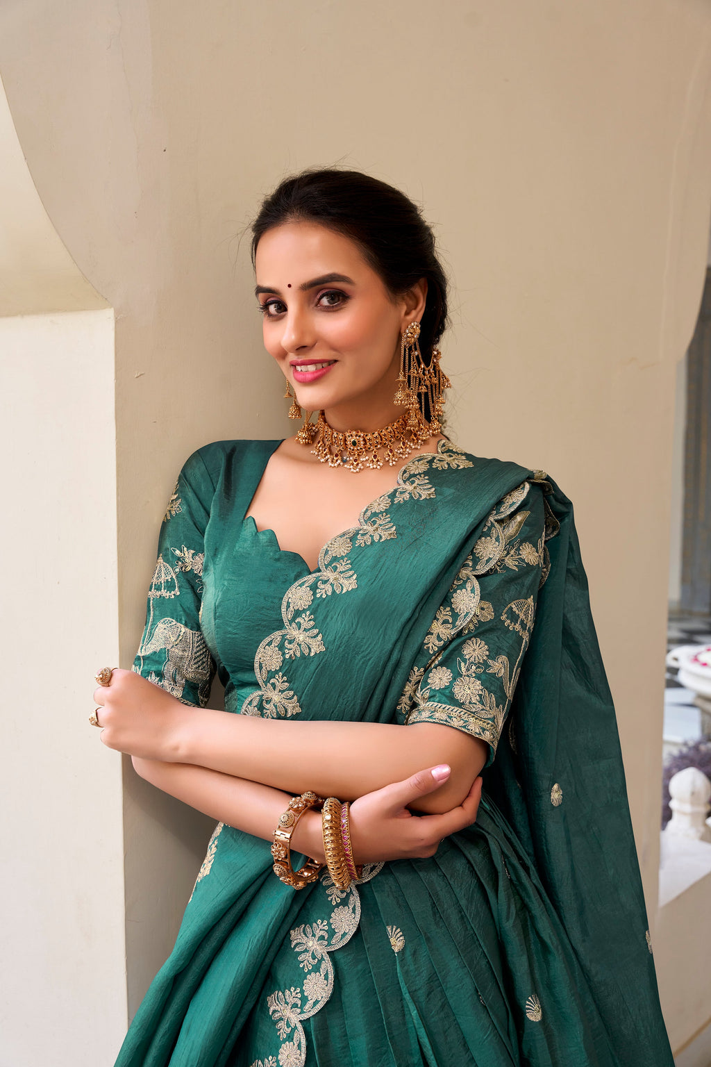 Lorenvalley Teal Gold Crush Fabric with Sequins and Thread Embroidery Work Lehenga Choli