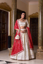 Lorenvalley Fashion Offwhite Vichitra Silk Sequins and Thread Embroidery Work Lehenga Choli with Dupatta