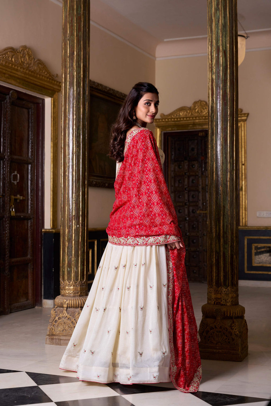 Lorenvalley Fashion Offwhite Vichitra Silk Sequins and Thread Embroidery Work Lehenga Choli with Dupatta