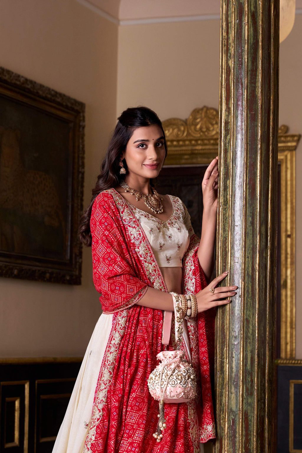 Lorenvalley Fashion Offwhite Vichitra Silk Sequins and Thread Embroidery Work Lehenga Choli with Dupatta