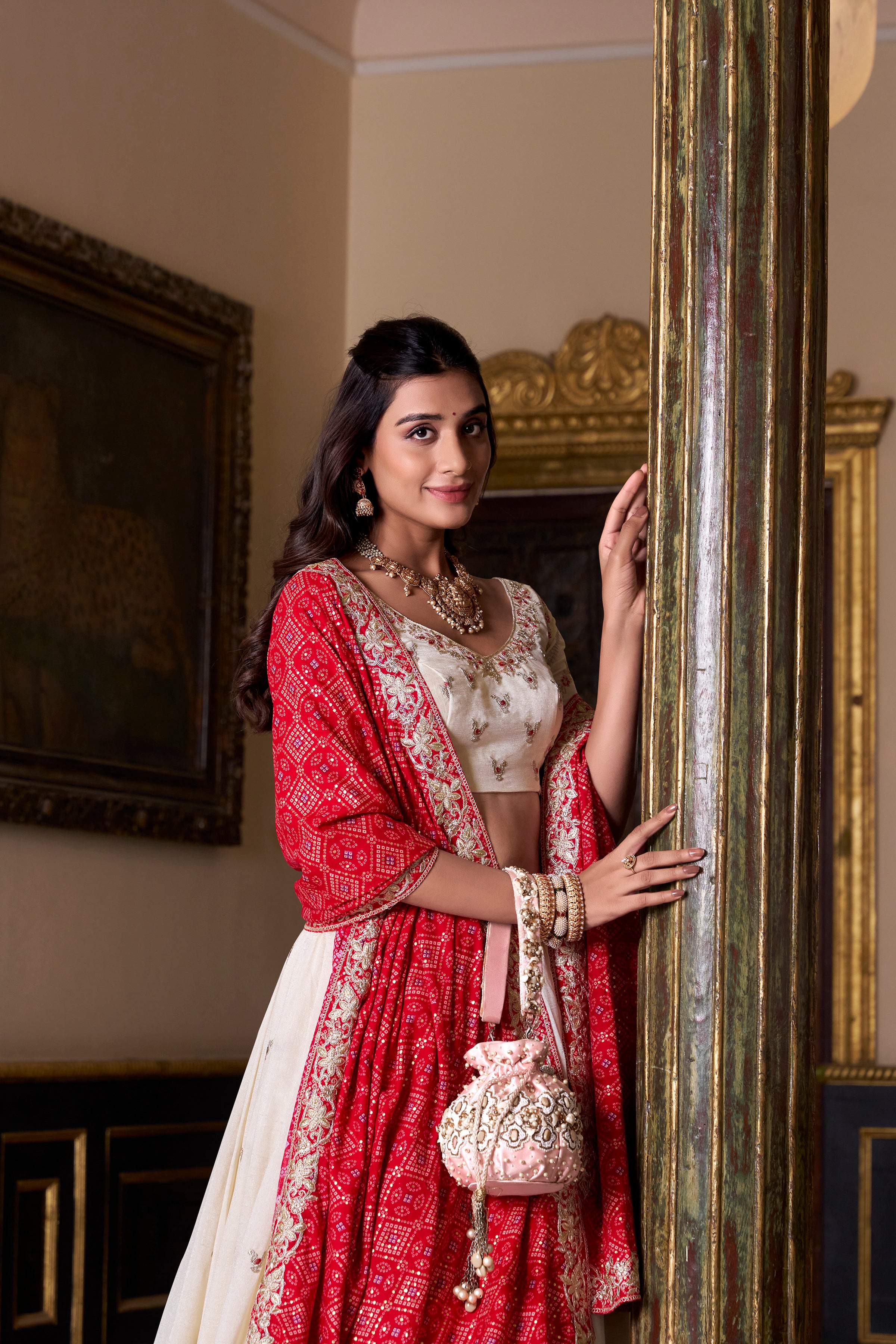 Lorenvalley Fashion Offwhite Vichitra Silk Sequins and Thread Embroidery Work Lehenga Choli with Dupatta
