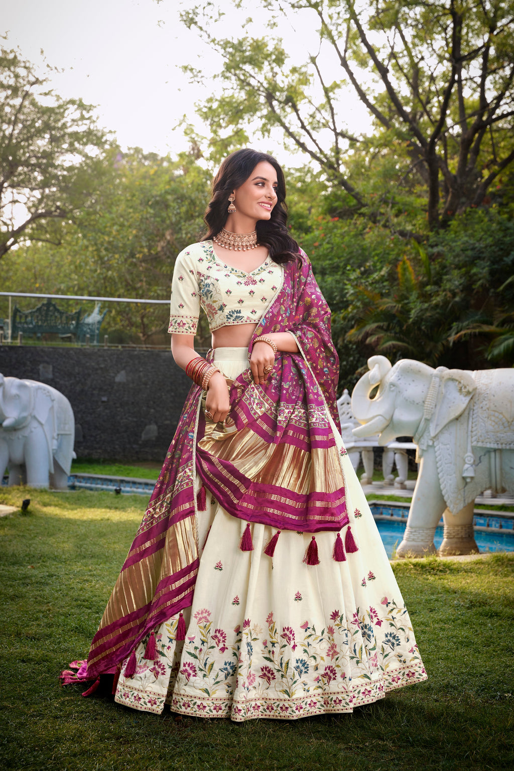 Lorenvalley Offwhite Khadi Cotton Sequins And Thread Embroidery Work Lehenga Choli with Dupatta