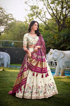 Lorenvalley Offwhite Khadi Cotton Sequins And Thread Embroidery Work Lehenga Choli with Dupatta