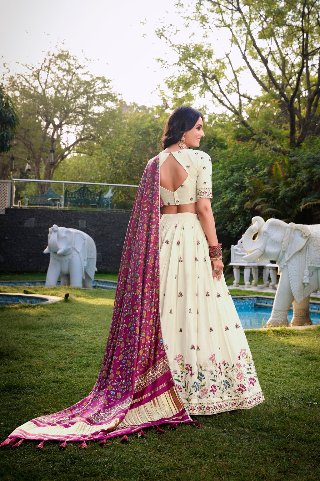 Lorenvalley Offwhite Khadi Cotton Sequins And Thread Embroidery Work Lehenga Choli with Dupatta