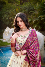 Lorenvalley Offwhite Khadi Cotton Sequins And Thread Embroidery Work Lehenga Choli with Dupatta