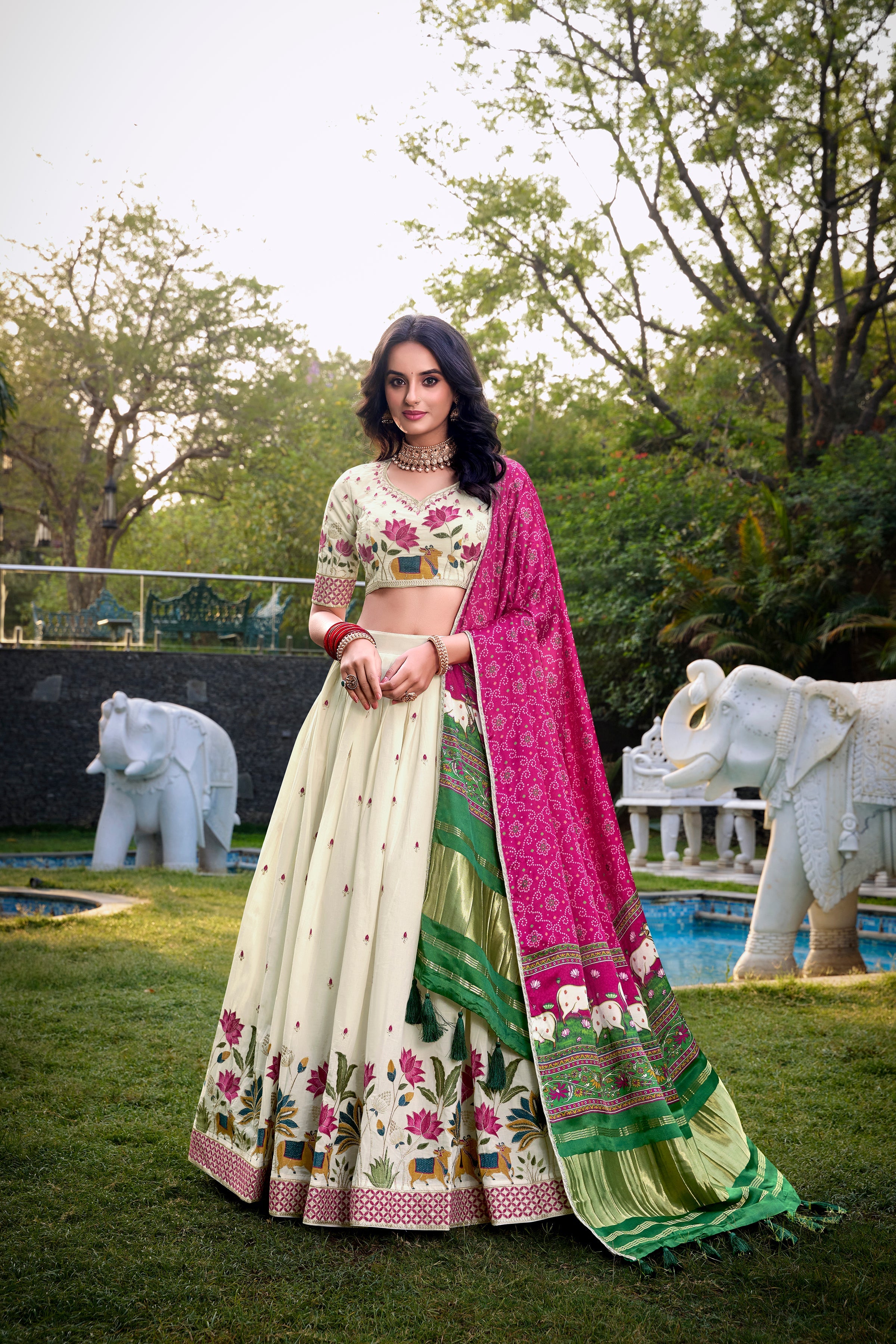 Lorenvalley Offwhite Khadi Cotton Sequins And Thread Embroidery Work Lehenga Choli with Dupatta