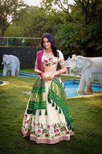 Lorenvalley Offwhite Khadi Cotton Sequins And Thread Embroidery Work Lehenga Choli with Dupatta