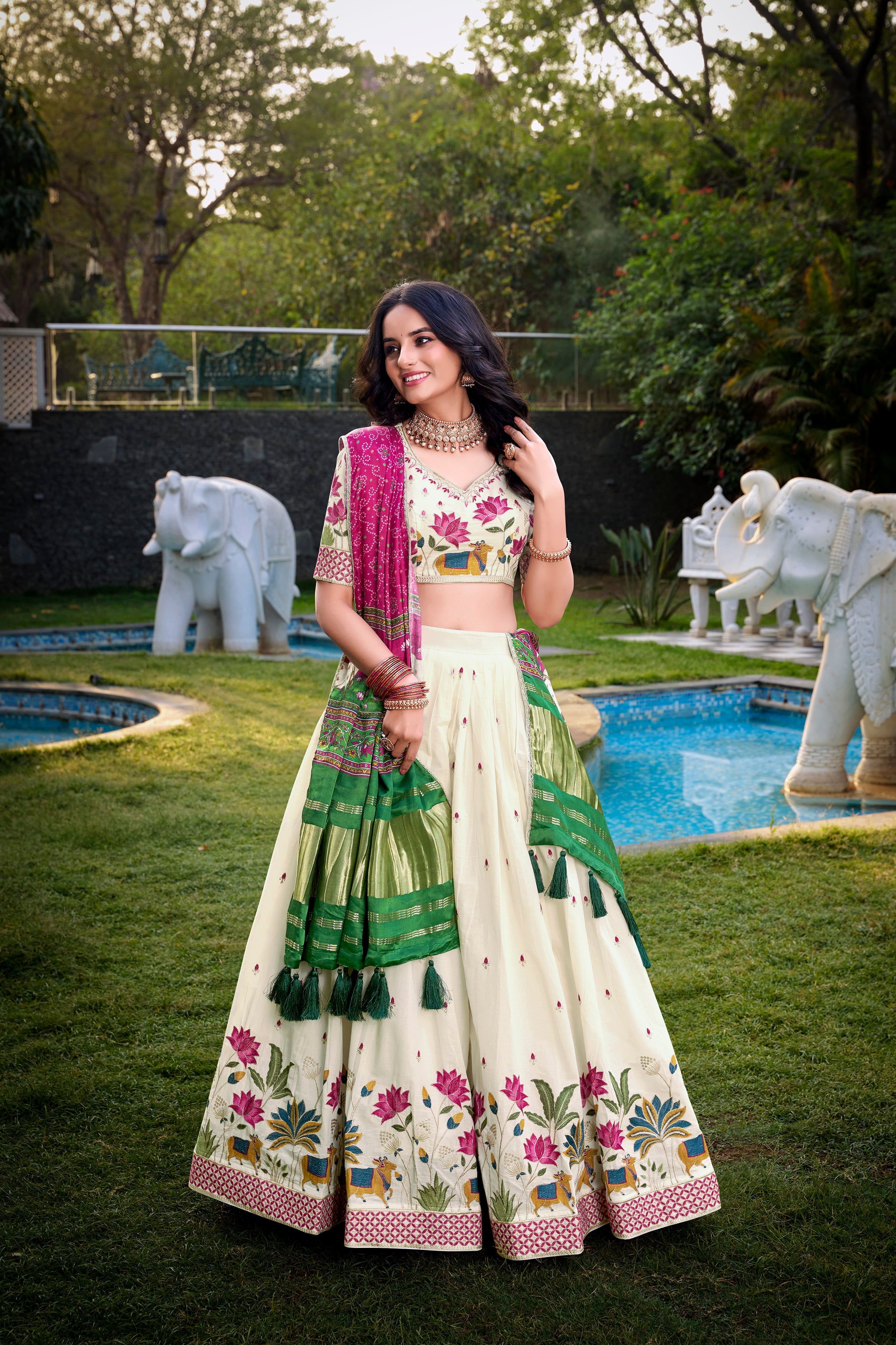 Lorenvalley Offwhite Khadi Cotton Sequins And Thread Embroidery Work Lehenga Choli with Dupatta