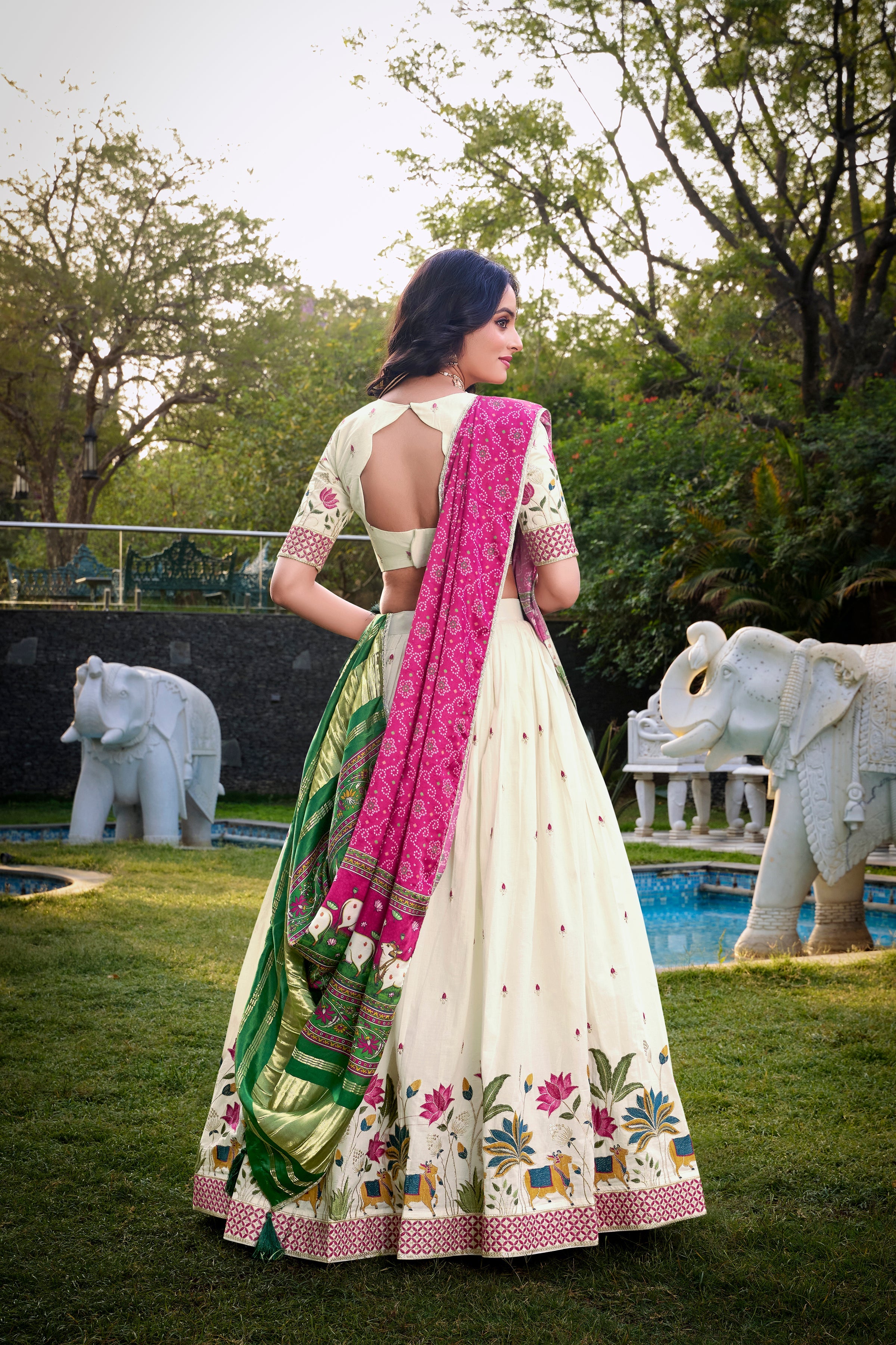Lorenvalley Offwhite Khadi Cotton Sequins And Thread Embroidery Work Lehenga Choli with Dupatta