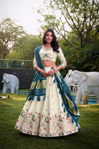 Lorenvalley Offwhite Khadi Cotton Sequins And Thread Embroidery Work Lehenga Choli with Dupatta