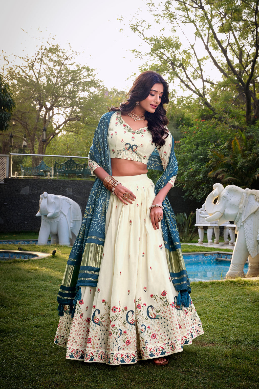 Lorenvalley Offwhite Khadi Cotton Sequins And Thread Embroidery Work Lehenga Choli with Dupatta