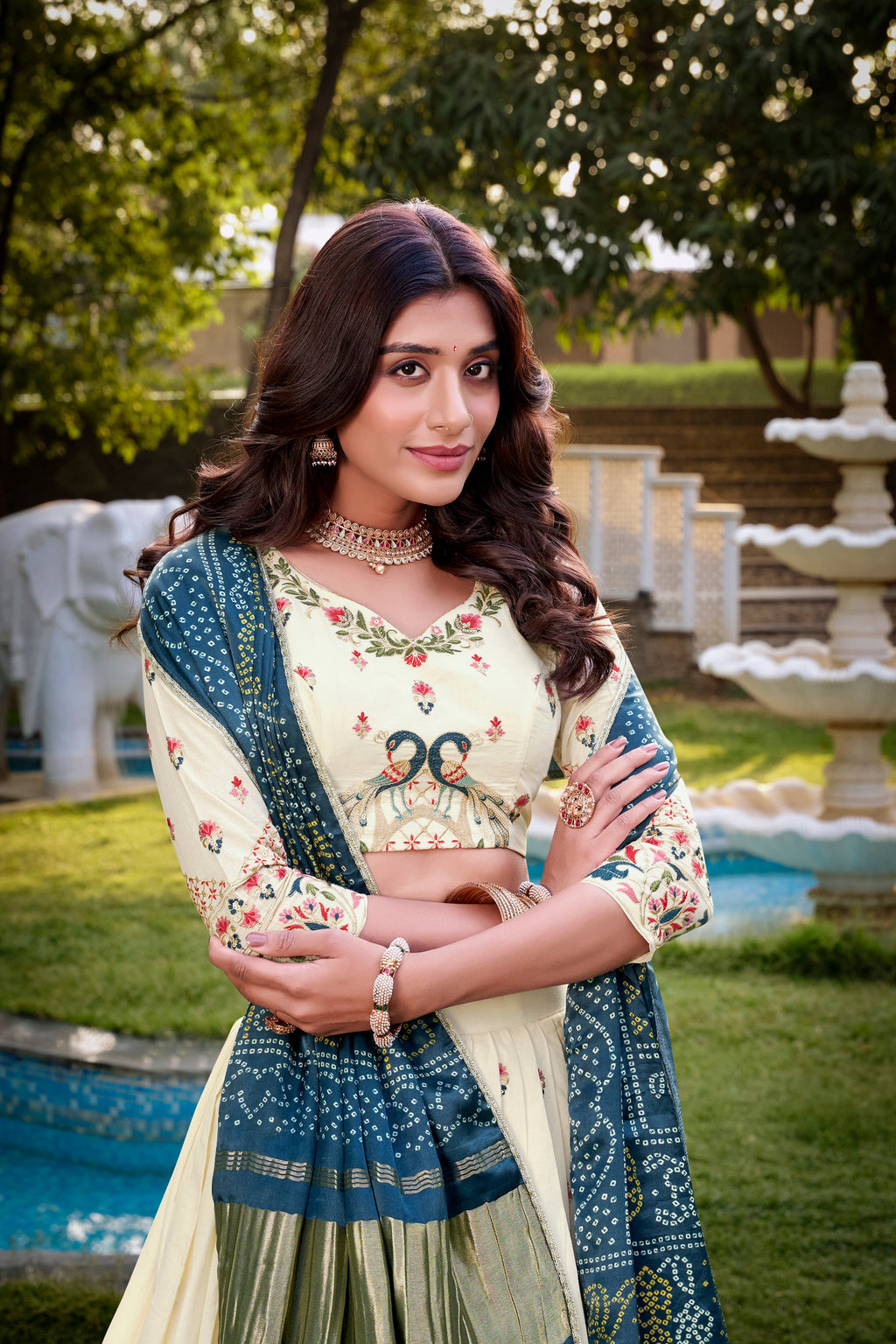 Lorenvalley Offwhite Khadi Cotton Sequins And Thread Embroidery Work Lehenga Choli with Dupatta