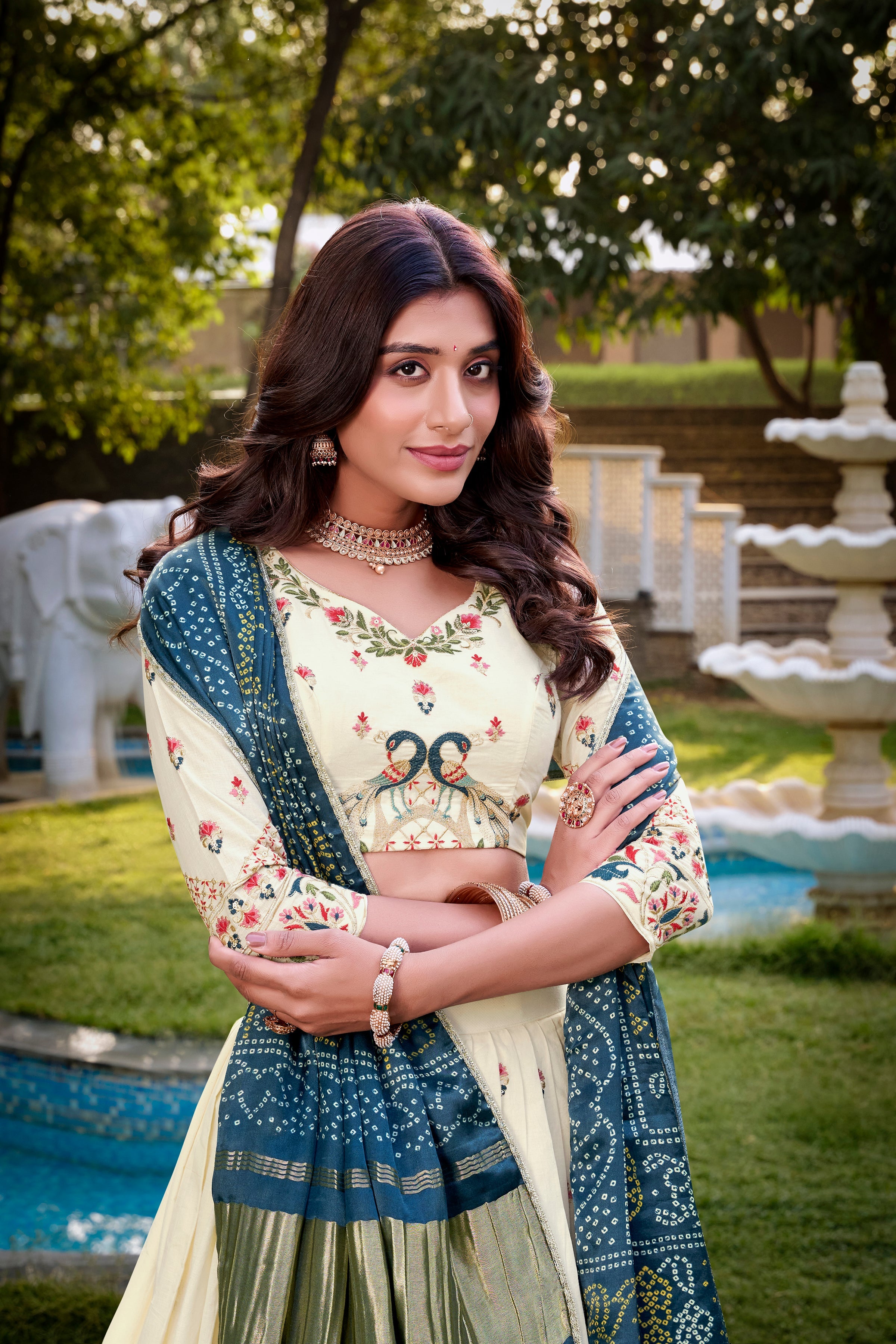 Lorenvalley Offwhite Khadi Cotton Sequins And Thread Embroidery Work Lehenga Choli with Dupatta
