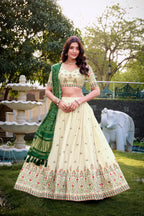 Lorenvalley Offwhite Khadi Cotton Sequins And Thread Embroidery Work Lehenga Choli with Dupatta
