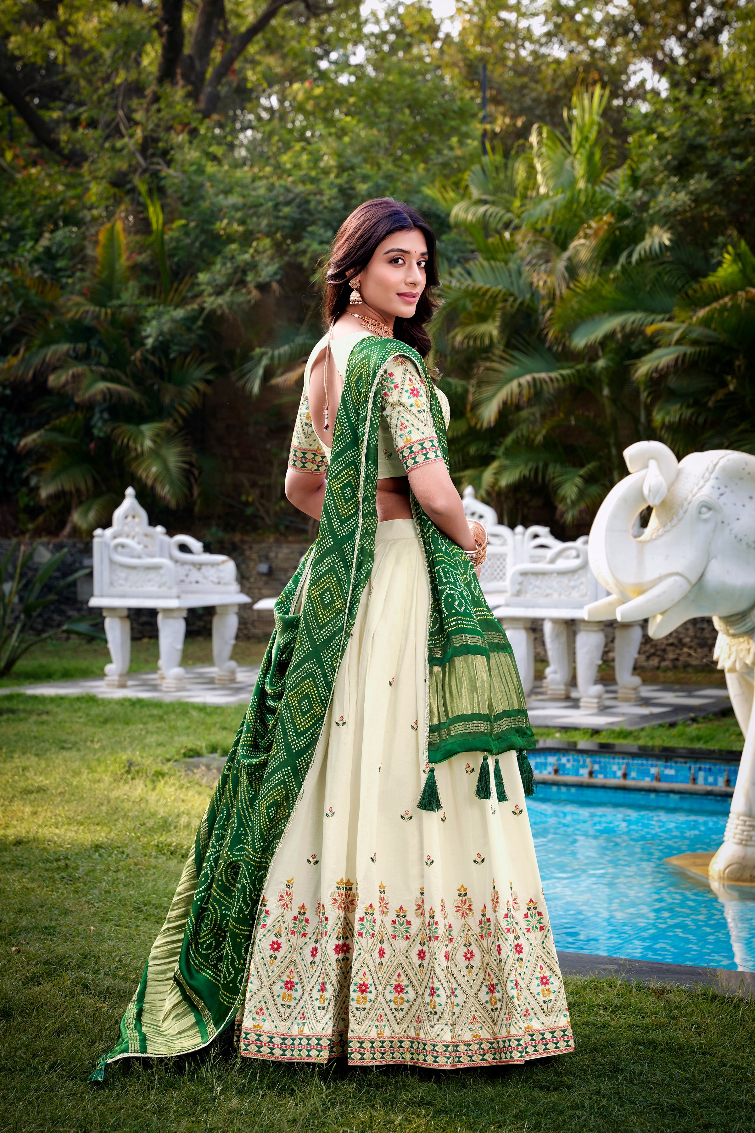 Lorenvalley Offwhite Khadi Cotton Sequins And Thread Embroidery Work Lehenga Choli with Dupatta