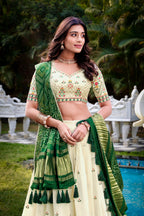 Lorenvalley Offwhite Khadi Cotton Sequins And Thread Embroidery Work Lehenga Choli with Dupatta