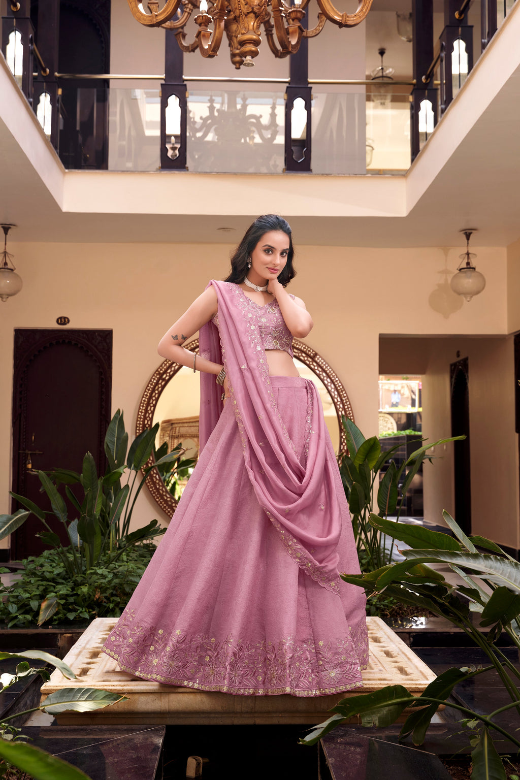 Lorenvalley Purple Vichitra Silk Embellishment With Pearl Coding And Sequins Embroidery Work Lehenga Choli with Dupatta