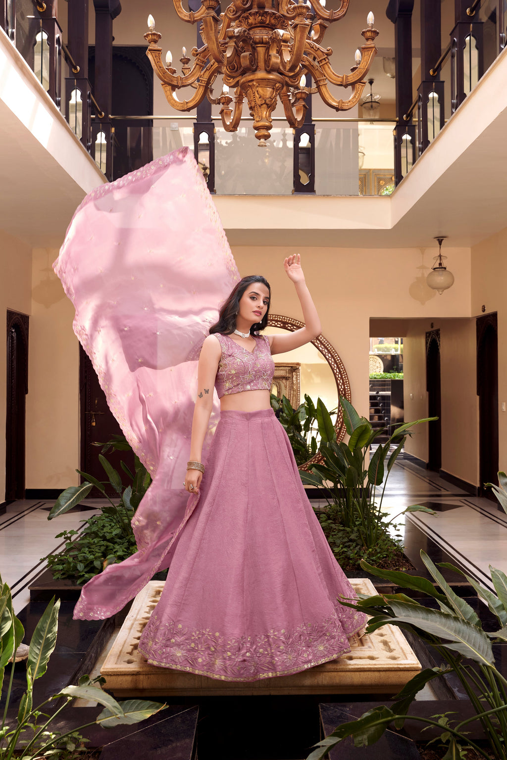 Lorenvalley Purple Vichitra Silk Embellishment With Pearl Coding And Sequins Embroidery Work Lehenga Choli with Dupatta