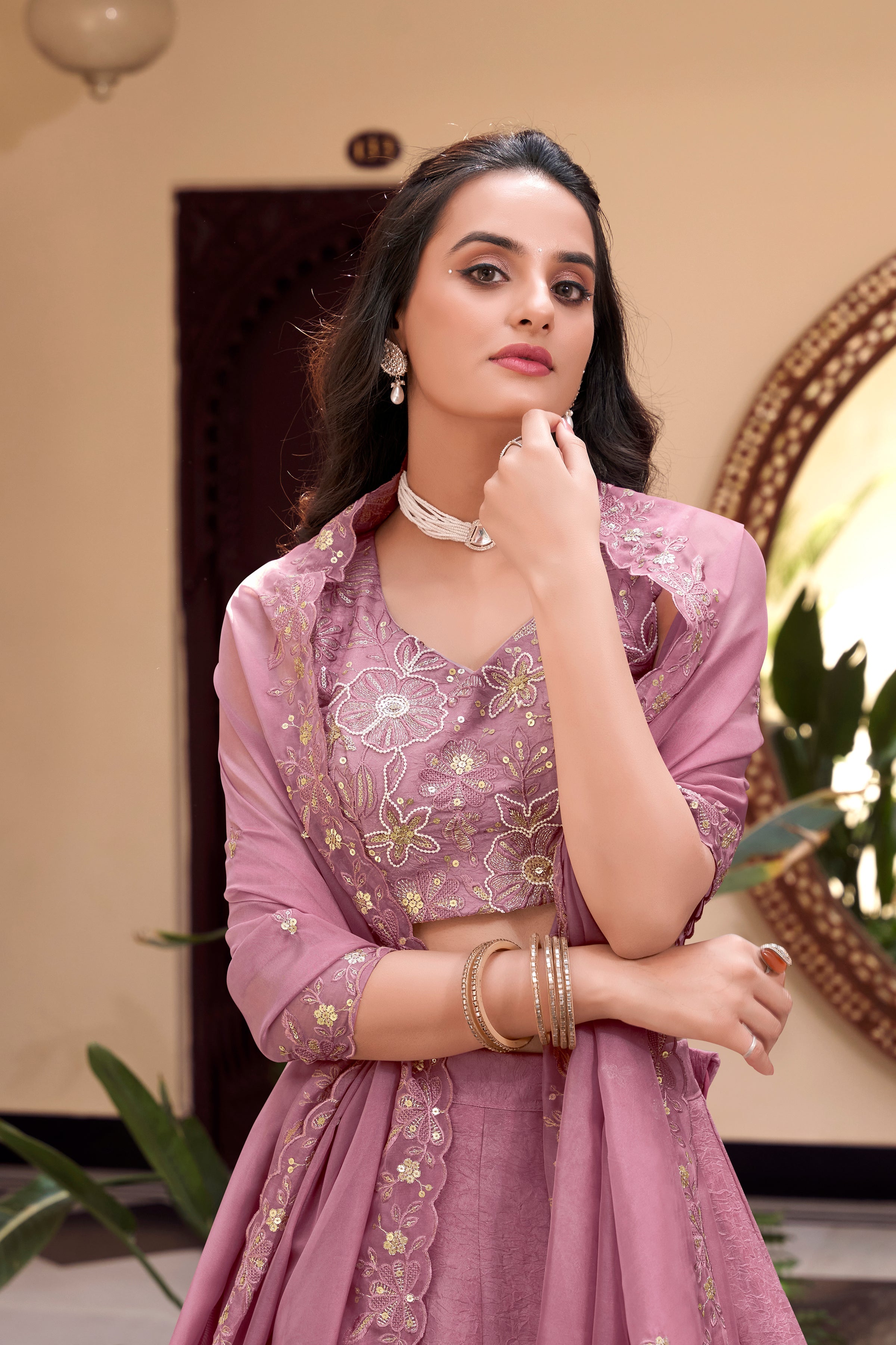 Lorenvalley Purple Vichitra Silk Embellishment With Pearl Coding And Sequins Embroidery Work Lehenga Choli with Dupatta
