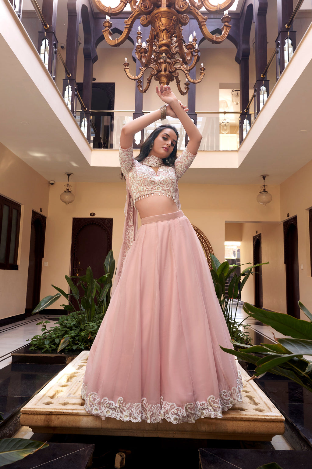 Lorenvalley Peach Weone Silk Embellishment With Pearl Coding And Sequins Embroidery Work Lehenga Choli with Dupatta