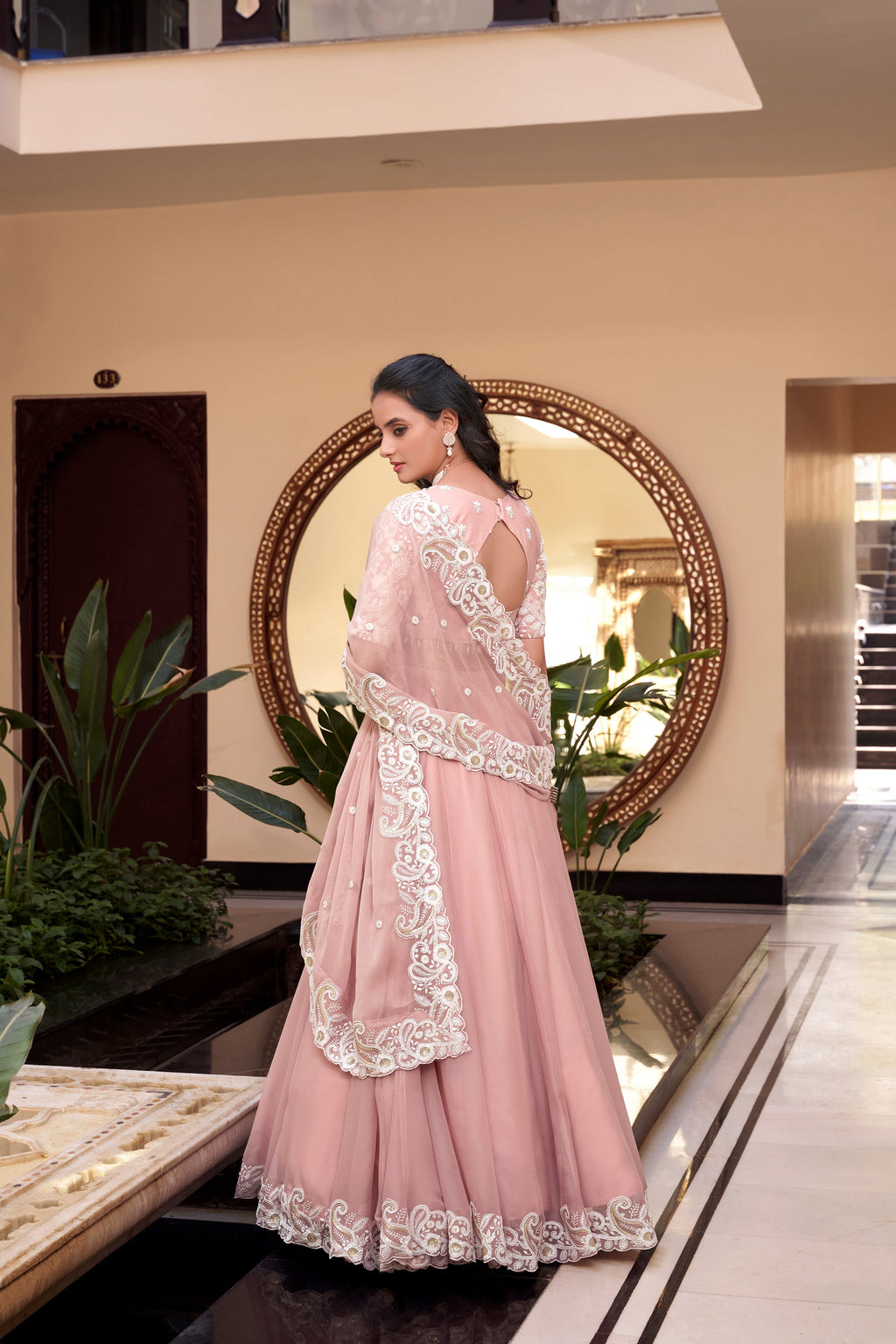 Lorenvalley Peach Weone Silk Embellishment With Pearl Coding And Sequins Embroidery Work Lehenga Choli with Dupatta