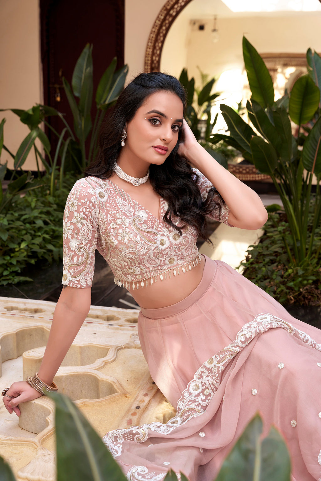 Lorenvalley Peach Weone Silk Embellishment With Pearl Coding And Sequins Embroidery Work Lehenga Choli with Dupatta