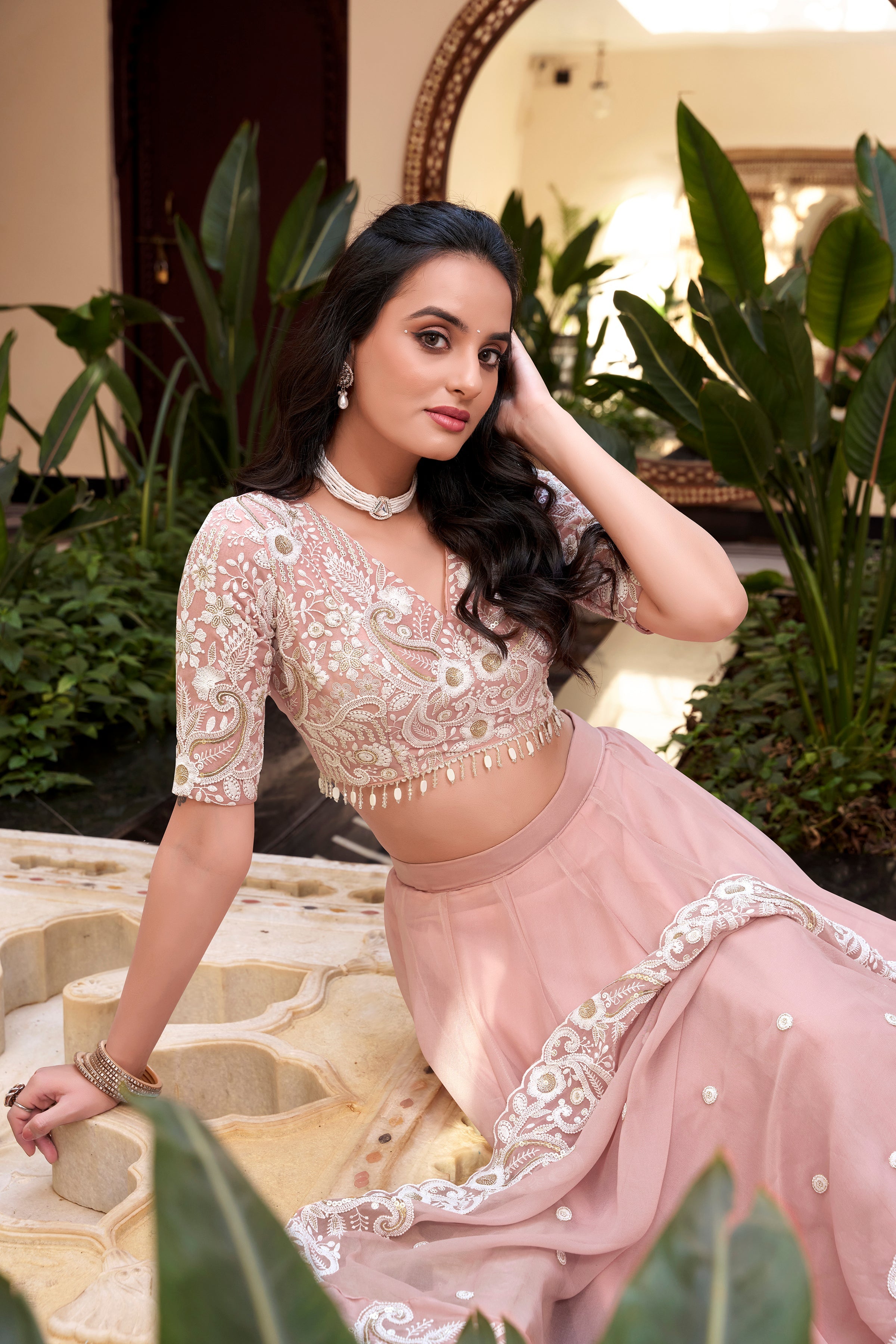 Lorenvalley Peach Weone Silk Embellishment With Pearl Coding And Sequins Embroidery Work Lehenga Choli with Dupatta
