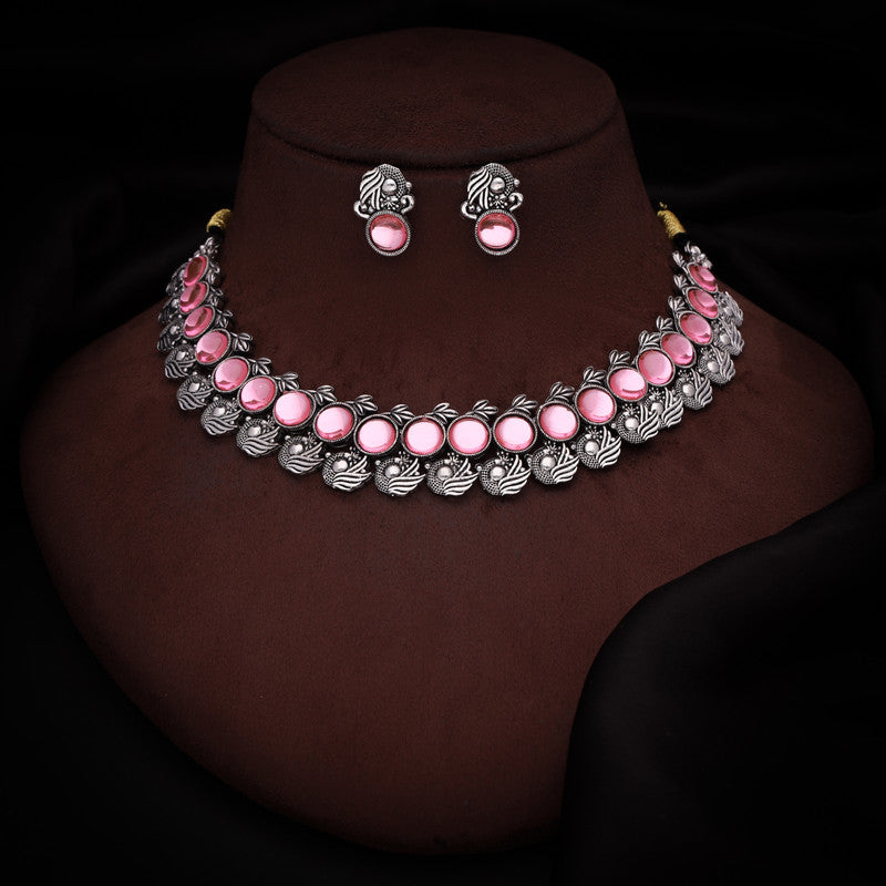 Tehzeeb Creations Silver Plated Pink Colour Stone Jewellery Choker Necklace Set With Matching Pair of Stud Earrings