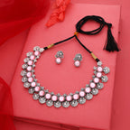 Tehzeeb Creations Silver Plated Pink Colour Stone Jewellery Choker Necklace Set With Matching Pair of Stud Earrings