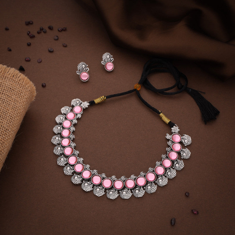 Tehzeeb Creations Silver Plated Pink Colour Stone Jewellery Choker Necklace Set With Matching Pair of Stud Earrings