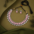 Tehzeeb Creations Silver Plated Pink Colour Stone Jewellery Choker Necklace Set With Matching Pair of Stud Earrings